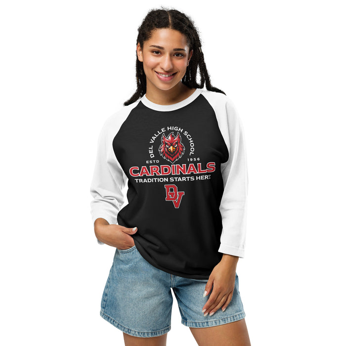 Woman wearing Del Valle High School Cardinals Unisex 3/4 sleeve Raglan T-shirt 222