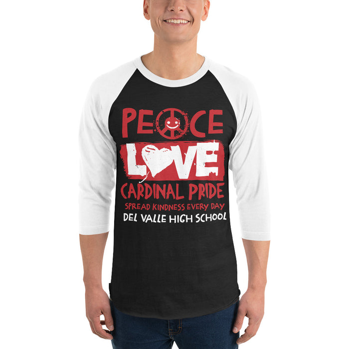 Man wearing Del Valle High School Cardinals Unisex 3/4 sleeve Raglan T-shirt 240