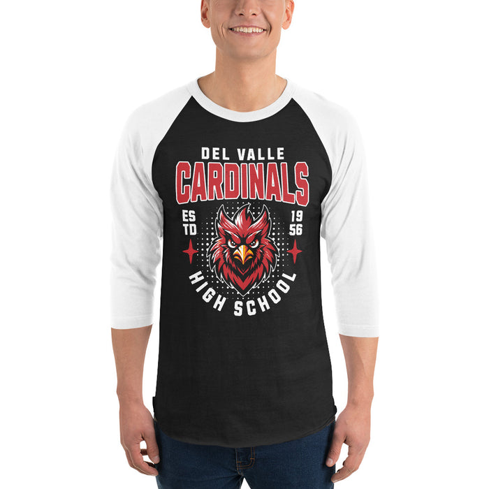 Man wearing Del Valle High School Cardinals Unisex 3/4 sleeve Raglan T-shirt 204