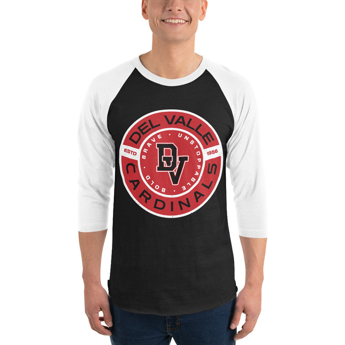 Man wearing Del Valle High School Cardinals Unisex 3/4 sleeve Raglan T-shirt 239
