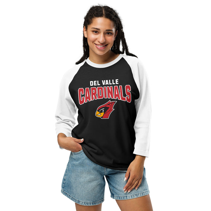 Woman wearing Del Valle High School Cardinals Unisex 3/4 sleeve Raglan T-shirt 234