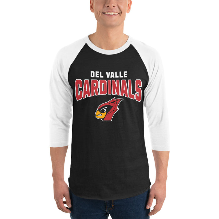 Man wearing Del Valle High School Cardinals Unisex 3/4 sleeve Raglan T-shirt 234