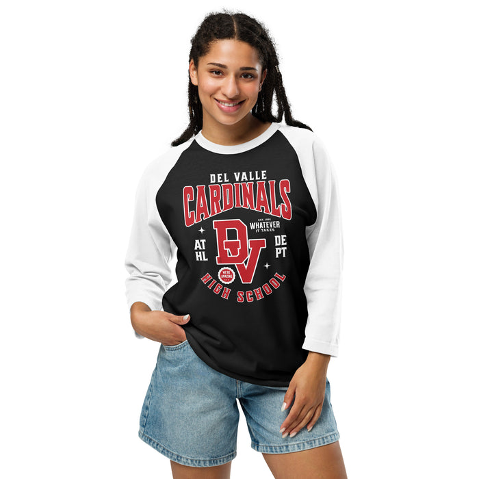 Woman wearing Del Valle High School Cardinals Unisex 3/4 sleeve Raglan T-shirt 213