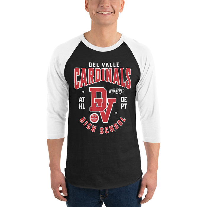 Man wearing Del Valle High School Cardinals Unisex 3/4 sleeve Raglan T-shirt 213