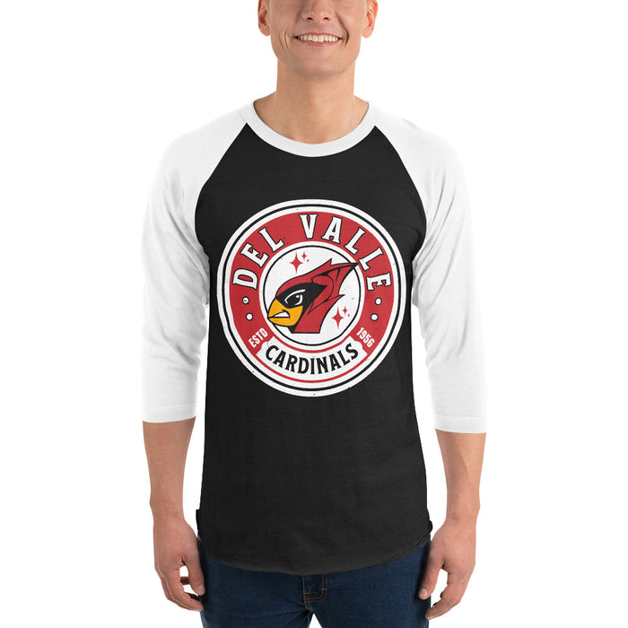 Man wearing Del Valle High School Cardinals Unisex 3/4 sleeve Raglan T-shirt 220