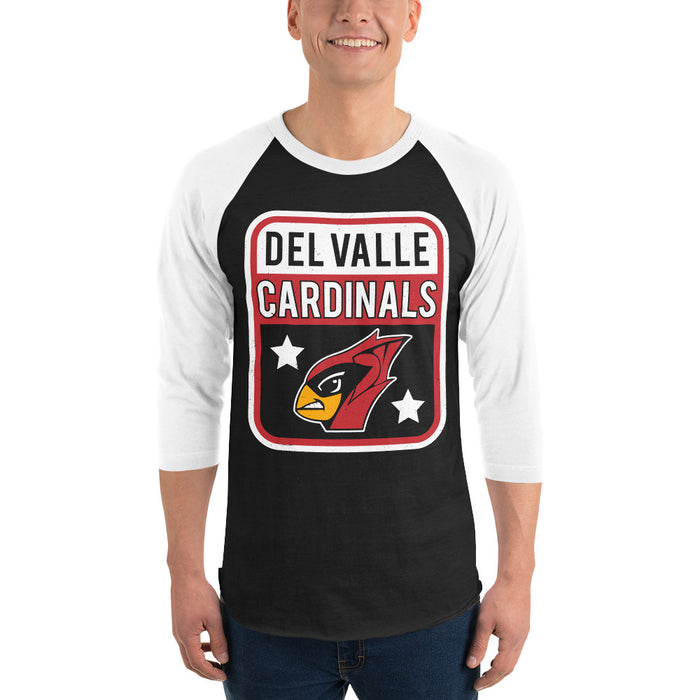 Man wearing Del Valle High School Cardinals Unisex 3/4 sleeve Raglan T-shirt 001