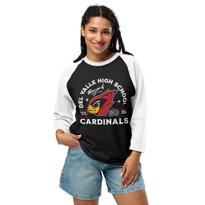 Woman wearing Del Valle High School Cardinals Unisex 3/4 sleeve Raglan T-shirt 208