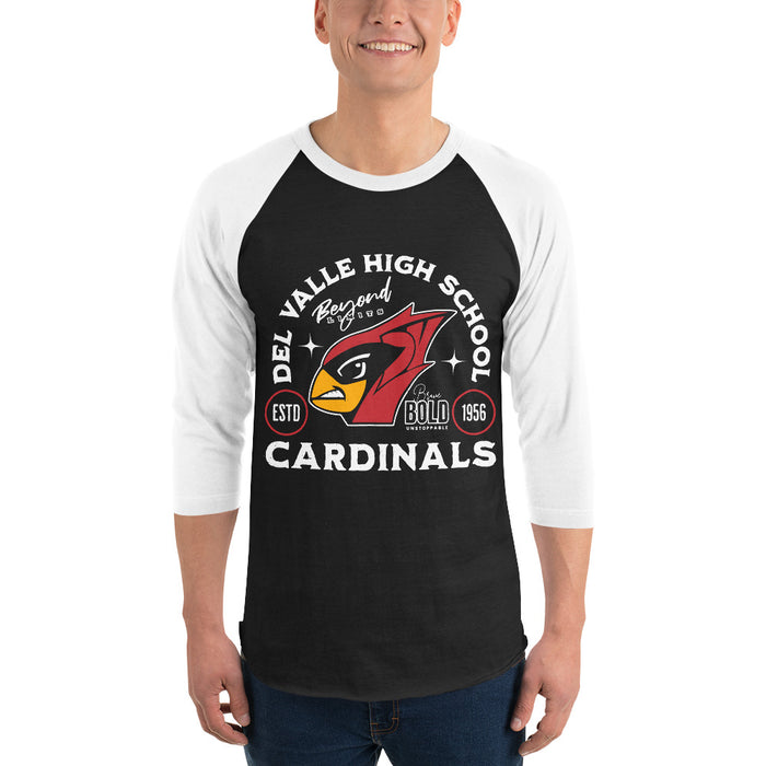 Man wearing Del Valle High School Cardinals Unisex 3/4 sleeve Raglan T-shirt 208