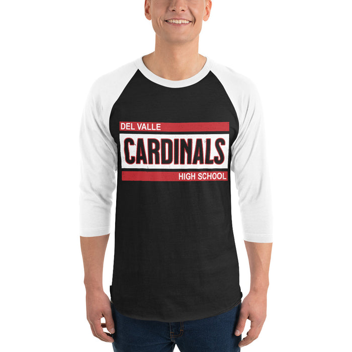 Man wearing Del Valle High School Cardinals Unisex 3/4 sleeve Raglan T-shirt 098