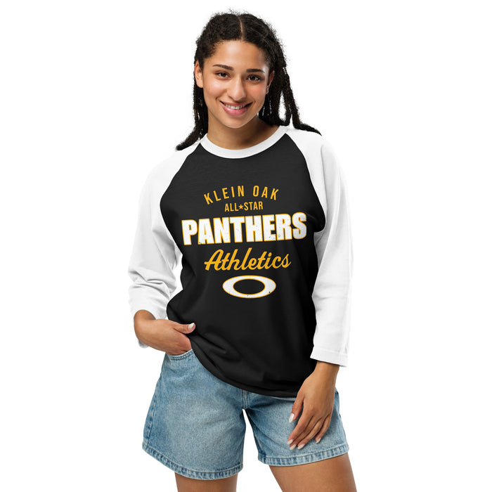 Woman wearing Klein Oak High School Panthers Unisex 3/4 Sleeve Raglan T-shirt 034
