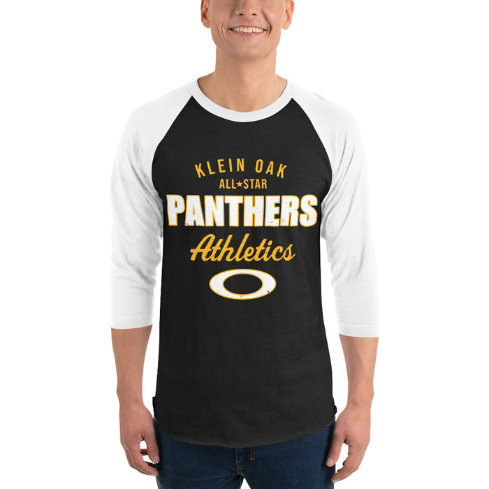 Man wearing Klein Oak High School Panthers Unisex 3/4 Sleeve Raglan T-shirt 034
