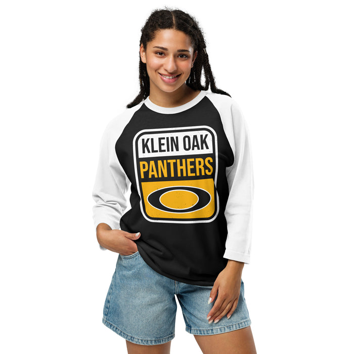 Woman wearing Klein Oak High School Panthers Unisex 3/4 Sleeve Raglan T-shirt 001