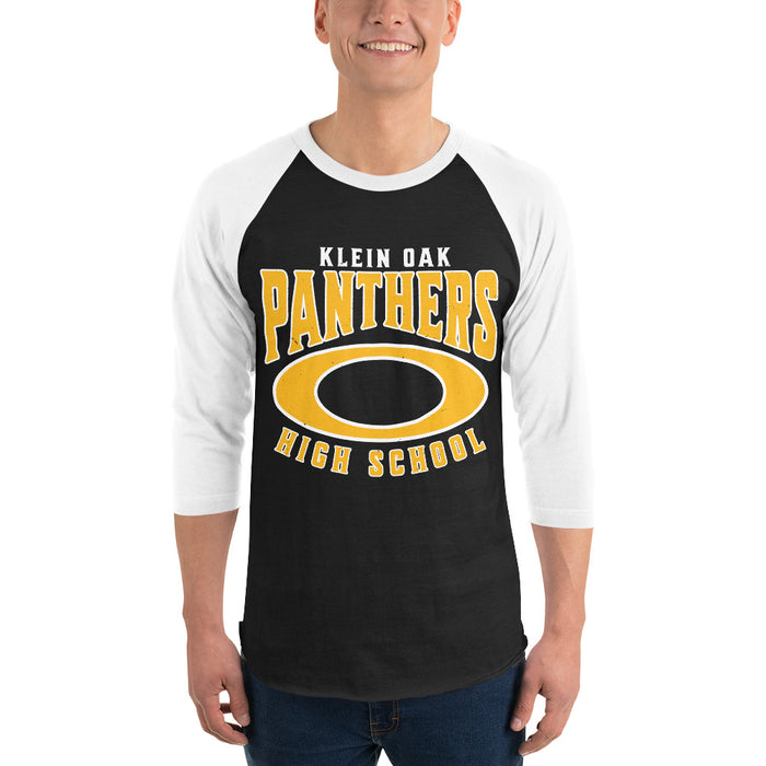 Man wearing Klein Oak High School Panthers Unisex 3/4 Sleeve Raglan T-shirt 213