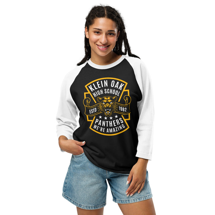 Woman wearing Klein Oak High School Panthers Unisex 3/4 Sleeve Raglan T-shirt 207