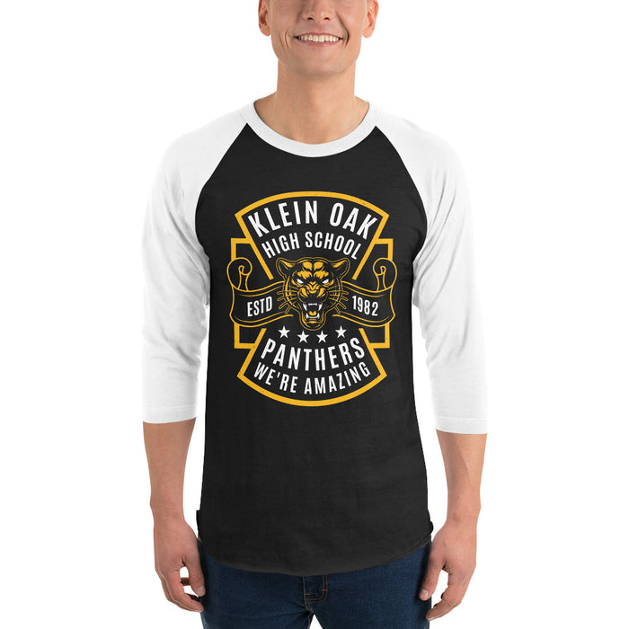 Man wearing Klein Oak High School Panthers Unisex 3/4 Sleeve Raglan T-shirt 207