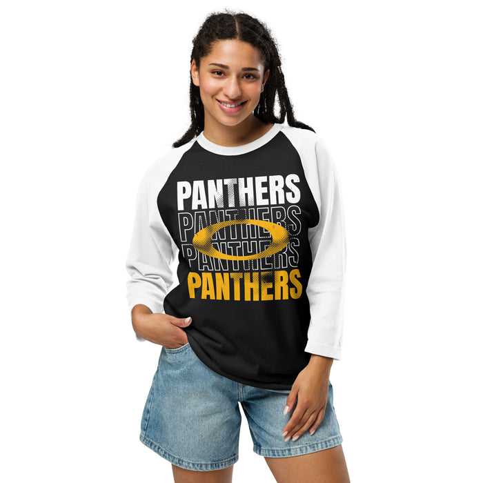 Woman wearing Klein Oak High School Panthers Unisex 3/4 Sleeve Raglan T-shirt 233