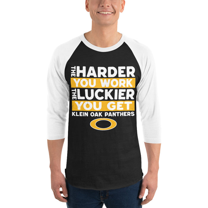 Man wearing Klein Oak High School Panthers Unisex 3/4 Sleeve Raglan T-shirt 238