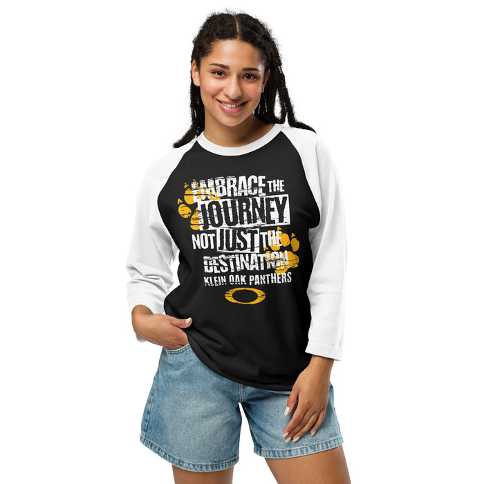 Woman wearing Klein Oak High School Panthers Unisex 3/4 Sleeve Raglan T-shirt 232