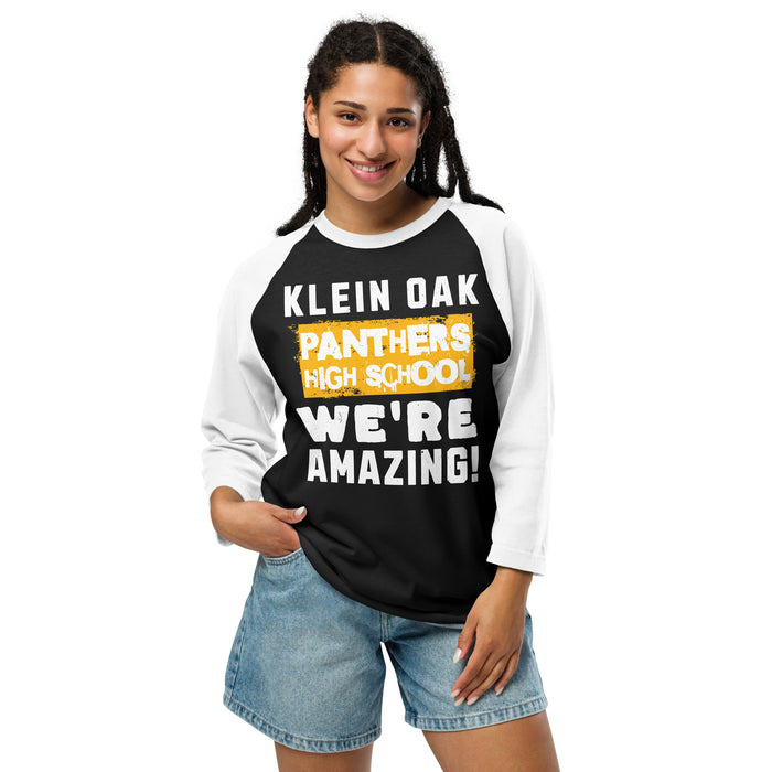 Woman wearing Klein Oak High School Panthers Unisex 3/4 Sleeve Raglan T-shirt 231