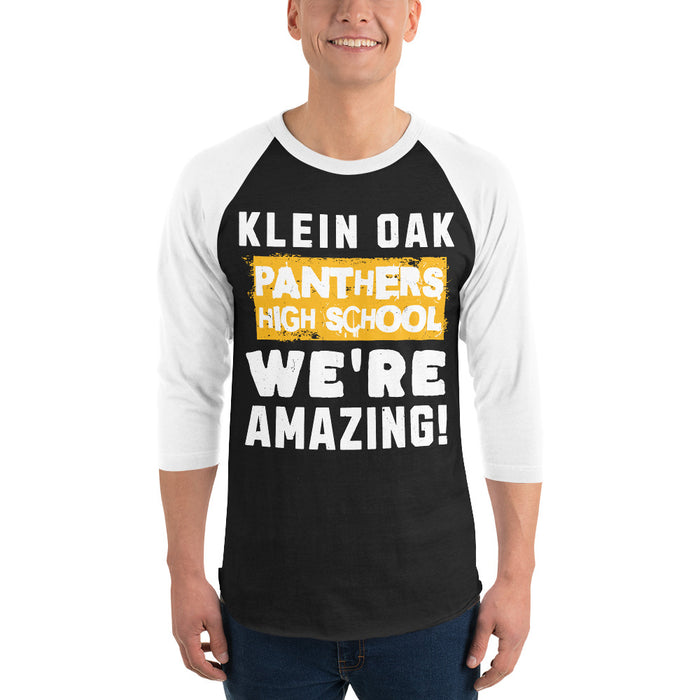 Man wearing Klein Oak High School Panthers Unisex 3/4 Sleeve Raglan T-shirt 231