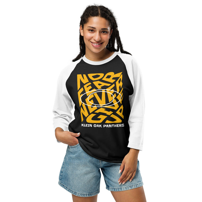 Woman wearing Klein Oak High School Panthers Unisex 3/4 Sleeve Raglan T-shirt 236