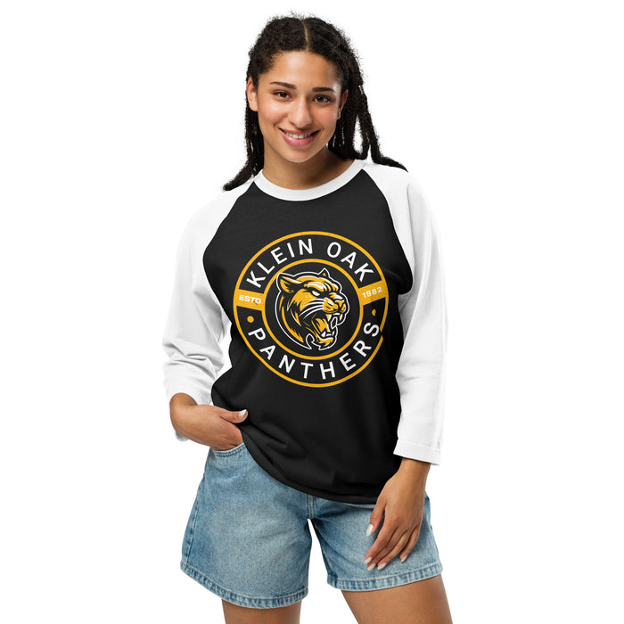 Woman wearing Klein Oak High School Panthers Unisex 3/4 Sleeve Raglan T-shirt 239