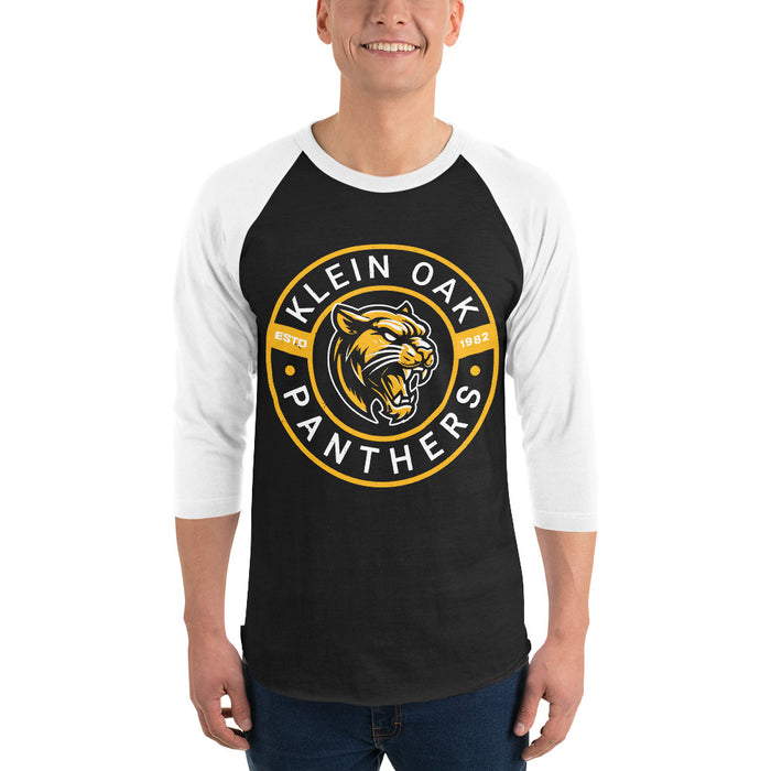 Man wearing Klein Oak High School Panthers Unisex 3/4 Sleeve Raglan T-shirt 239