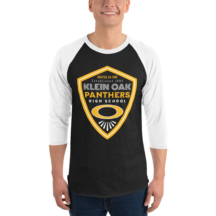 Man wearing Klein Oak High School Panthers Unisex 3/4 Sleeve Raglan T-shirt 225