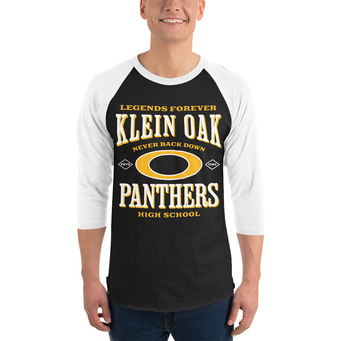 Man wearing Klein Oak High School Panthers Unisex 3/4 Sleeve Raglan T-shirt 230