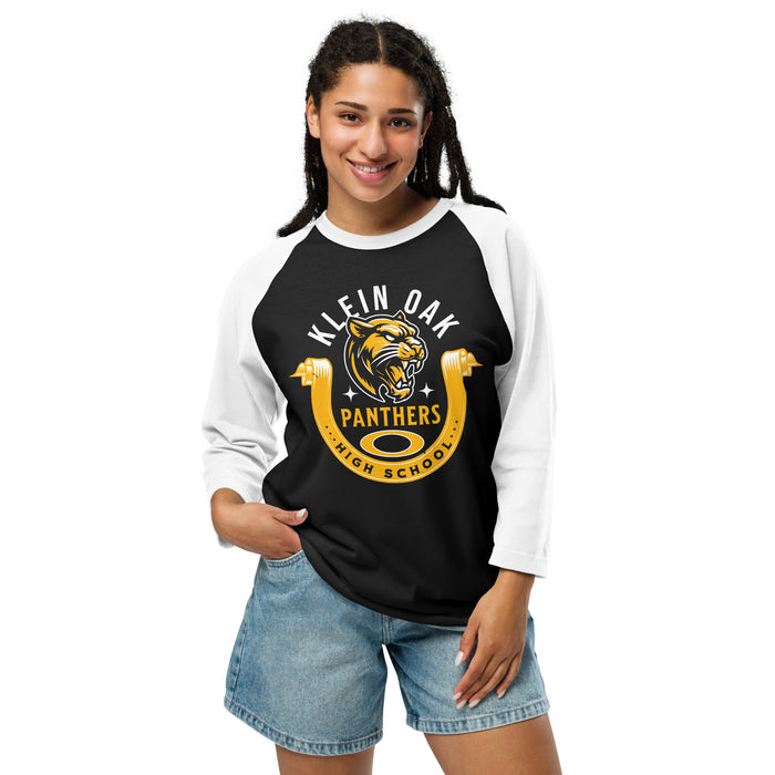 Woman wearing Klein Oak High School Panthers Unisex 3/4 Sleeve Raglan T-shirt 229