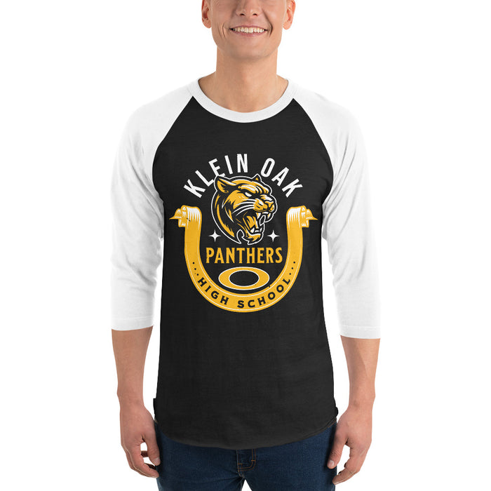 Man wearing Klein Oak High School Panthers Unisex 3/4 Sleeve Raglan T-shirt 229