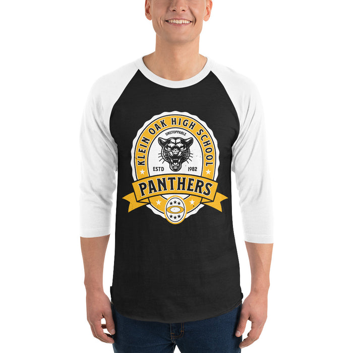 Man wearing Klein Oak High School Panthers Unisex 3/4 Sleeve Raglan T-shirt 212