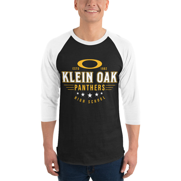 Man wearing Klein Oak High School Panthers Unisex 3/4 Sleeve Raglan T-shirt 217