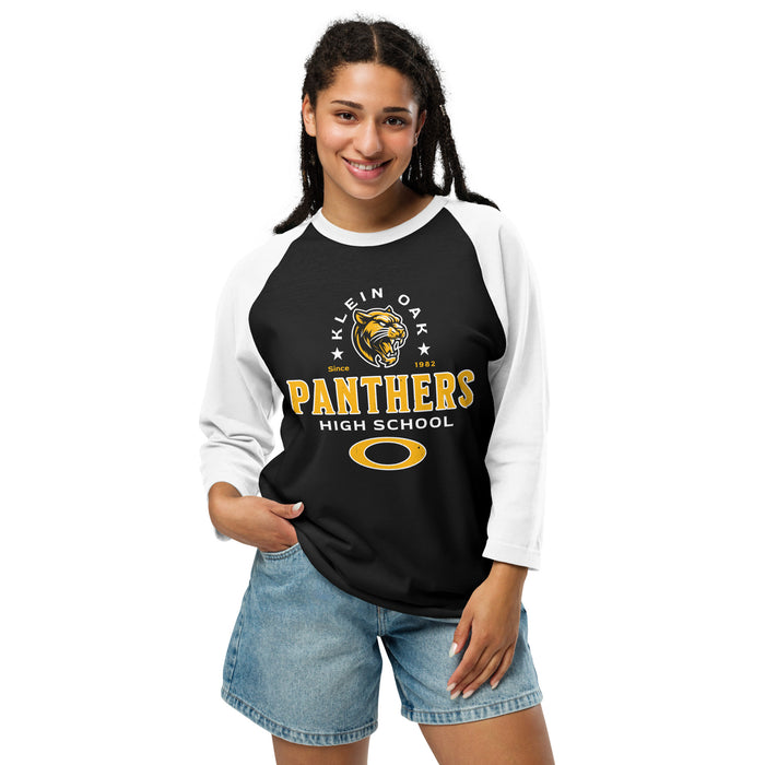 Man wearing Klein Oak High School Panthers Unisex 3/4 Sleeve Raglan T-shirt 222