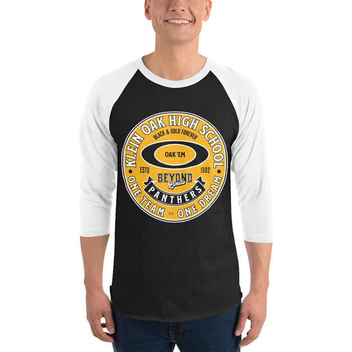 Man wearing Klein Oak High School Panthers Unisex 3/4 Sleeve Raglan T-shirt 215