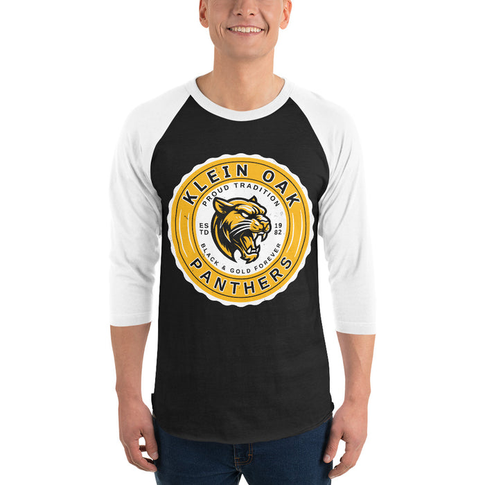 Man wearing Klein Oak High School Panthers Unisex 3/4 Sleeve Raglan T-shirt 216