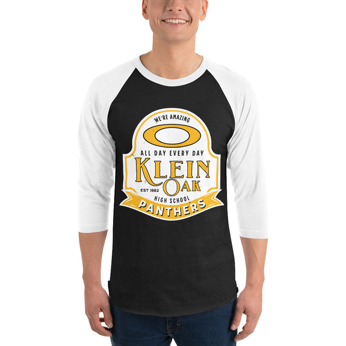 Man wearing Klein Oak High School Panthers Unisex 3/4 Sleeve Raglan T-shirt 219