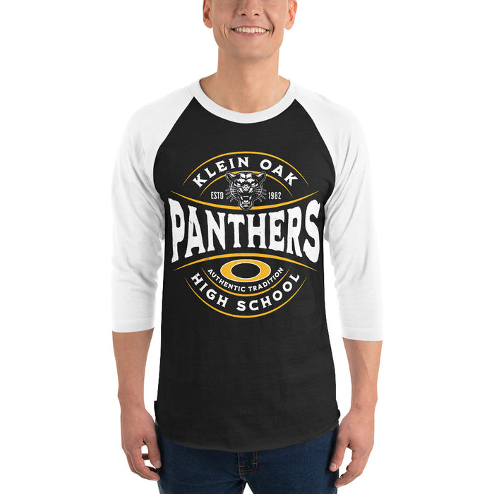 Man wearing Klein Oak High School Panthers Unisex 3/4 Sleeve Raglan T-shirt 218
