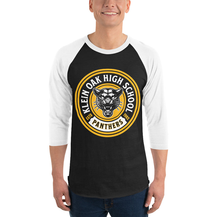 Man wearing Klein Oak High School Panthers Unisex 3/4 Sleeve Raglan T-shirt 220