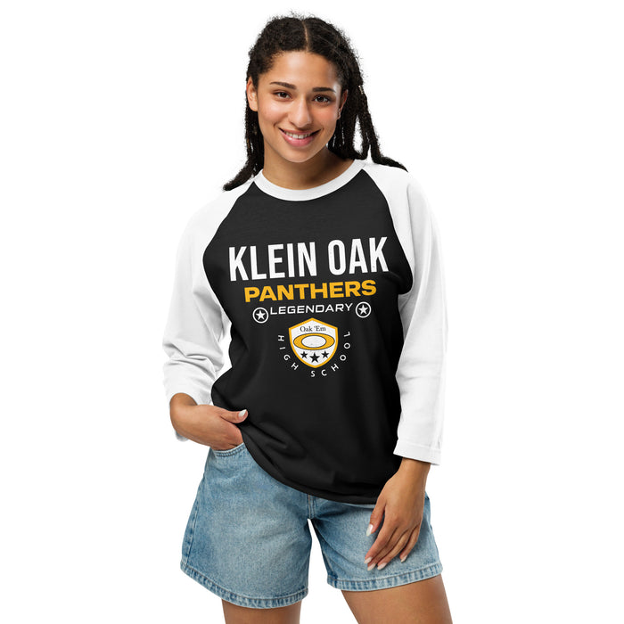 Woman wearing Klein Oak High School Panthers Unisex 3/4 Sleeve Raglan T-shirt 003