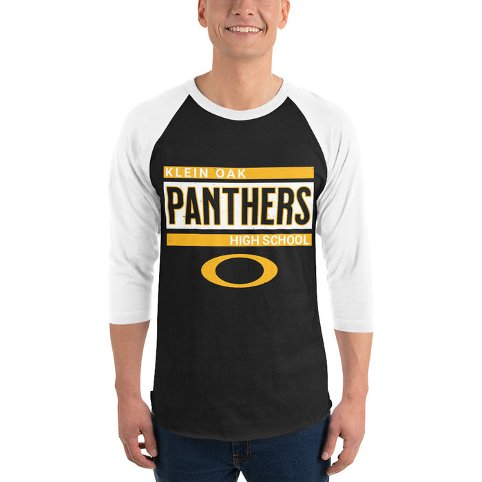 Man wearing Klein Oak High School Panthers Unisex 3/4 Sleeve Raglan T-shirt 098