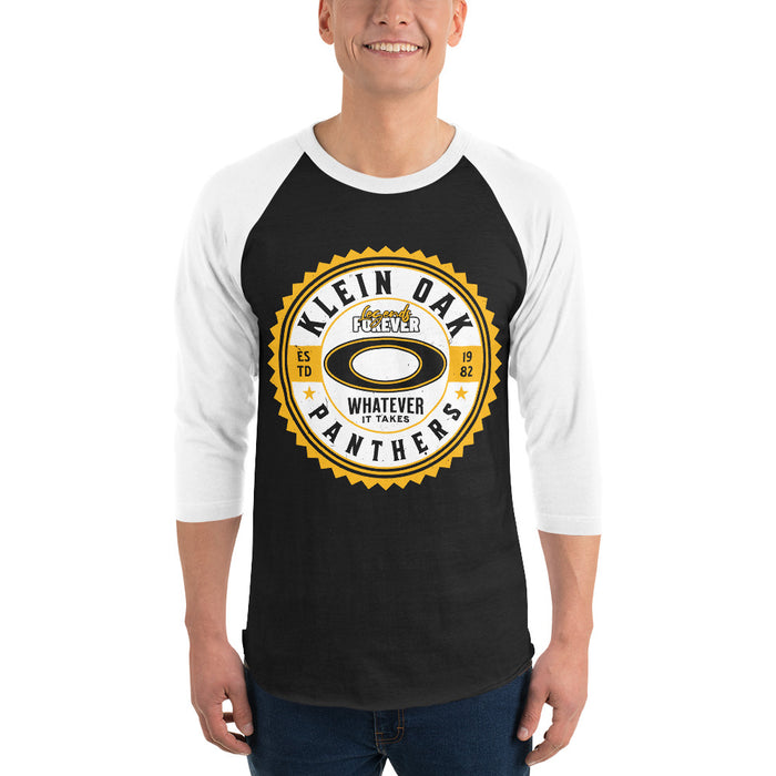 Man wearing Klein Oak High School Panthers Unisex 3/4 Sleeve Raglan T-shirt 203