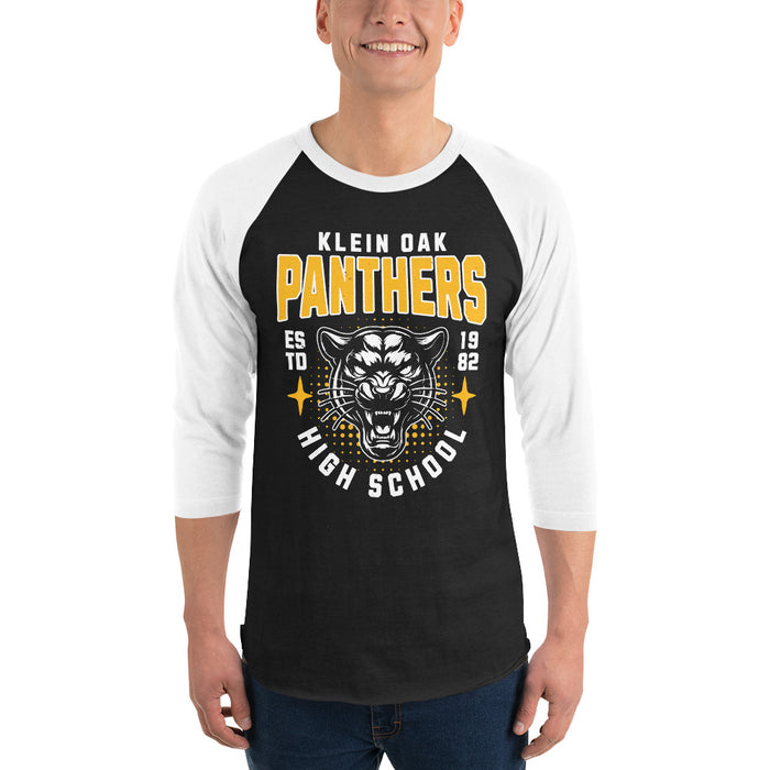Man wearing Klein Oak High School Panthers Unisex 3/4 Sleeve Raglan T-shirt 204
