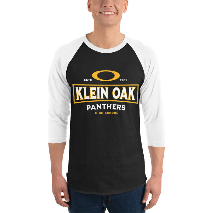 Man wearing Klein Oak High School Panthers Unisex 3/4 Sleeve Raglan T-shirt 202