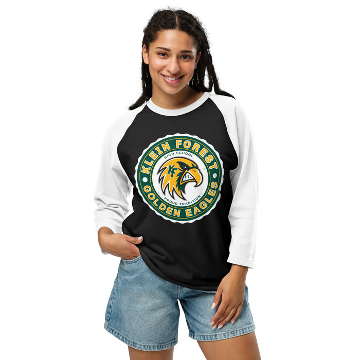 Woman wearing Klein Forest High School Golden Eagles Unisex 3/4 Sleeve Raglan T-shirt 216