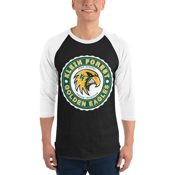 Man wearing Klein Forest High School Golden Eagles Unisex 3/4 Sleeve Raglan T-shirt 216