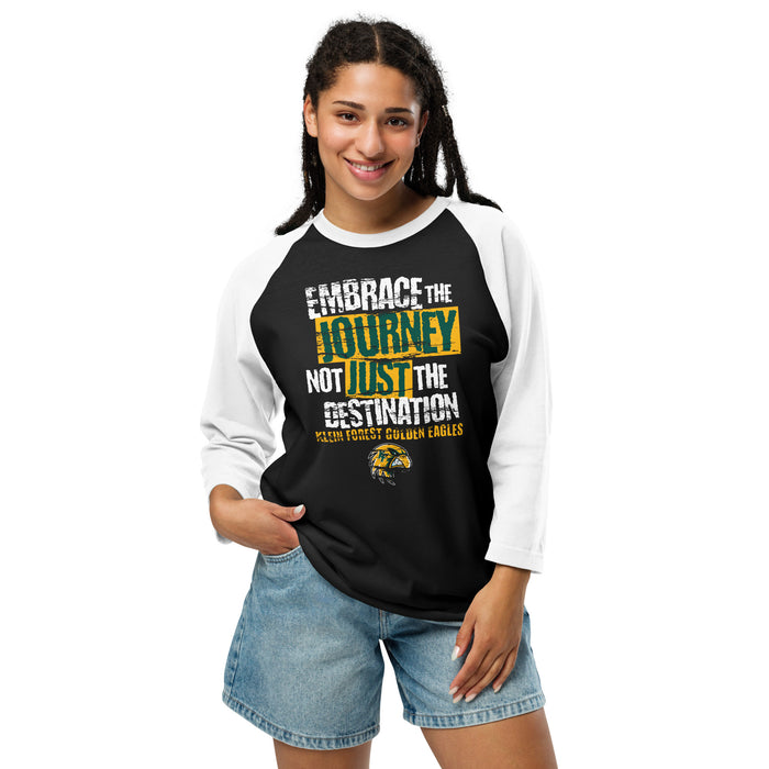 Woman wearing Klein Forest High School Golden Eagles Unisex 3/4 Sleeve Raglan T-shirt 232