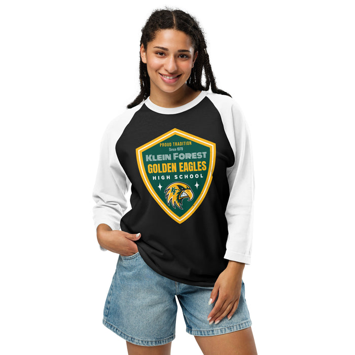 Woman wearing Klein Forest High School Golden Eagles Unisex 3/4 Sleeve Raglan T-shirt 225