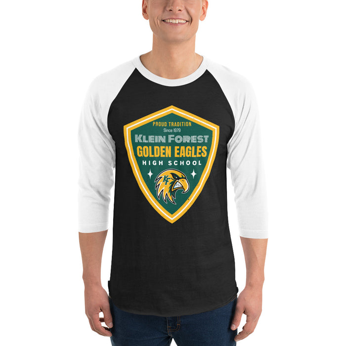 Man wearing Klein Forest High School Golden Eagles Unisex 3/4 Sleeve Raglan T-shirt 225