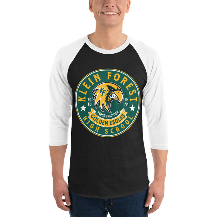 Man wearing Klein Forest High School Golden Eagles Unisex 3/4 Sleeve Raglan T-shirt 215